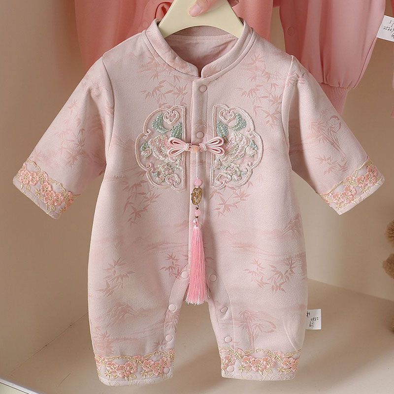 Newborn Baby Girl Romper Floral - 2026 春秋幼児女の子服中国風かわいい花刺繍ピンク長袖ベビーロンパース新生児アイテム B394