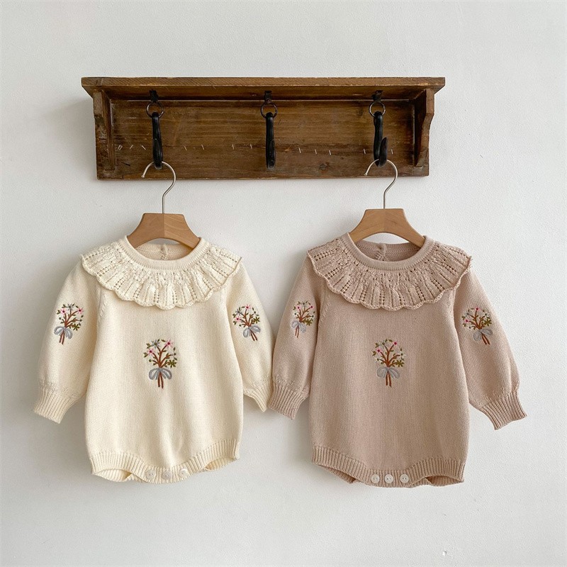 Newborn Baby Girl Romper Floral - 生まれたばかりの男の子と女の子のためのニットジャンプスーツ,新しい秋のコレクション,蓮の襟,長袖,大きな服