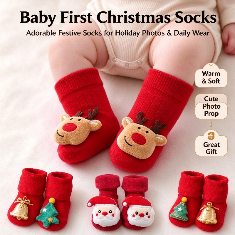 Unisex Baby Socks Non Slip - 子供用靴下、女の子用、男の子用、かわいいコットン素材、クリスマス柄、新生児用、滑り止め付き、幼児用、冬用、衣料品