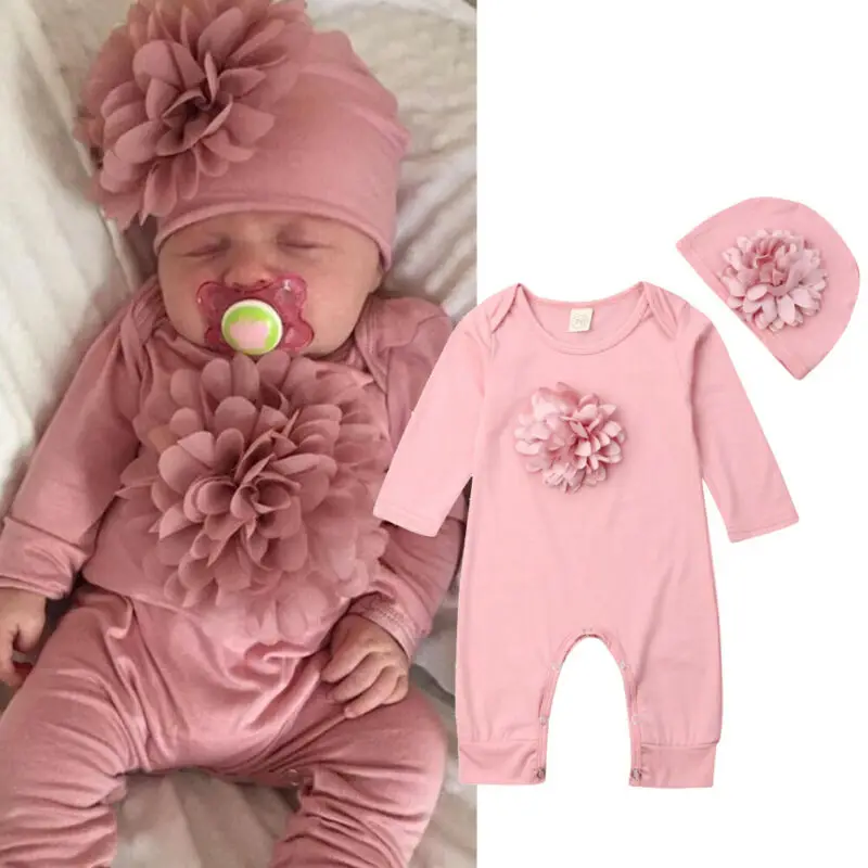 Newborn Baby Girl Romper Floral - VISgogo 2 cs 新生児ロンパース春秋女の赤ちゃん服花綿ブレンドジャンプスーツ全体 + 帽子スーツ