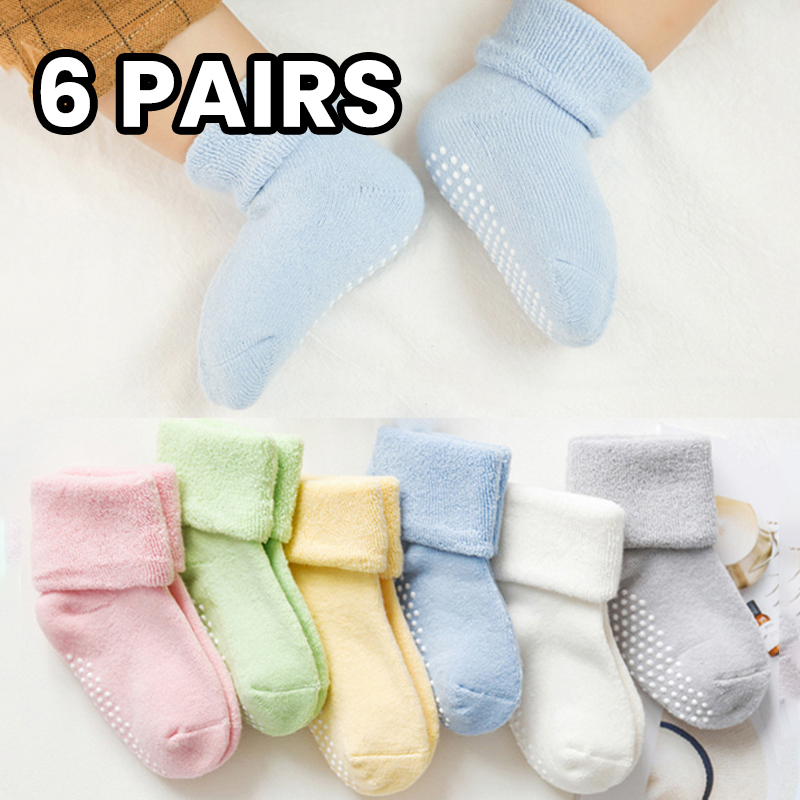 Unisex Baby Socks Non Slip - 6 ペアの厚みのあるフリース子供用靴下 0-5 歳の幼児用居心地の良いソフト幼児の足の保護ノンスリップベビーストッキング
