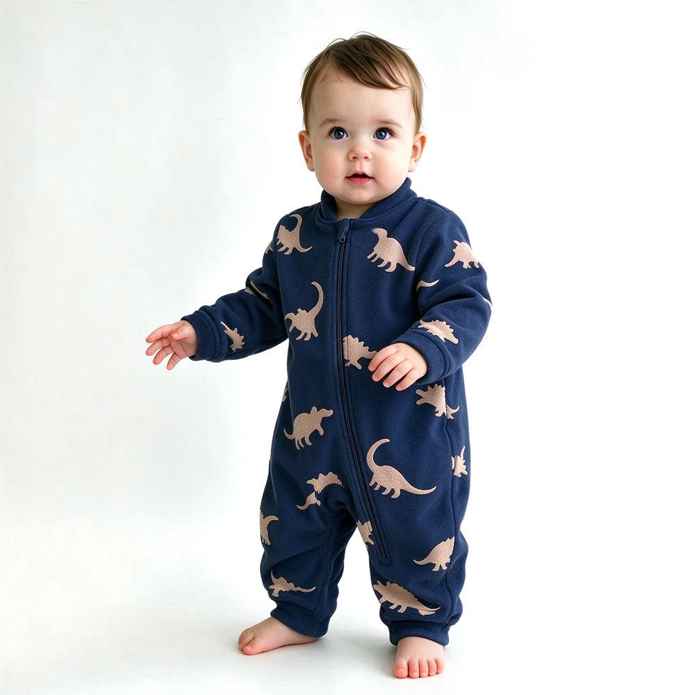 Cotton Baby Onesies Zipper - 柔らかく暖かいベビーフリース素材のつなぎ。かわいい恐竜柄の新生児用ジッパー付きロンパース。快適な長袖ボディスーツで、冬の外出に最適。