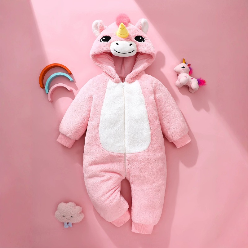 Cotton Baby Onesies Zipper - 新生児用ピンクユニコーンロンパース、ジッパー付きフード付きボディスーツ、漫画風アニマル柄ワンピース、幼児用暖かい冬用ジャンプスーツ、プレイスーツ