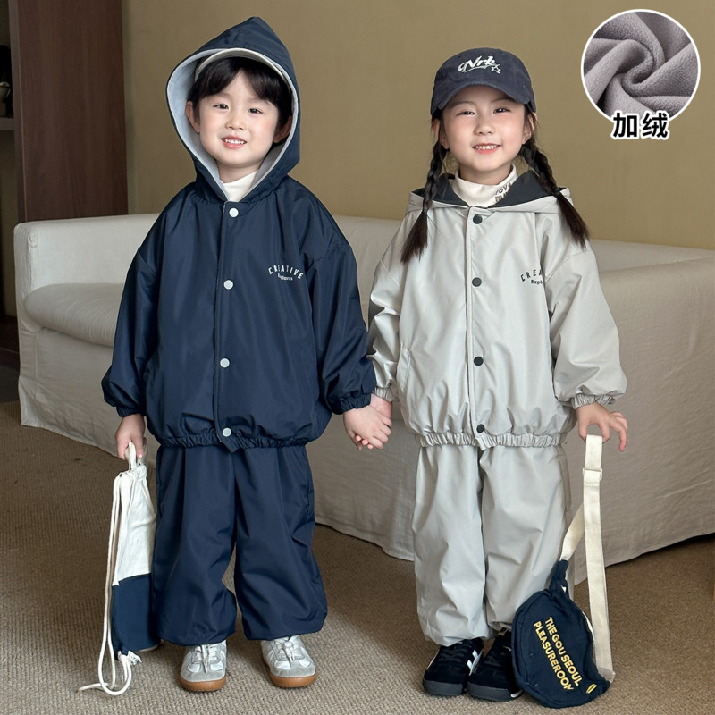 Toddler Boy Winter Fleece Jacket - 男の子・女の子用、フード付き2点セット、ベビー・幼児用、1歳～8歳、子供用、26、秋・冬、裏起毛、厚手、防風、暖かいジャケットとパンツ